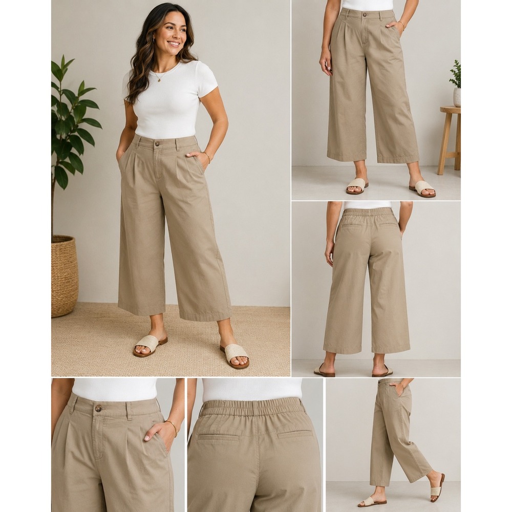 Lands' End Wide Leg Ankle Pants Khaki Pull On Travel Casual‎ Size 18